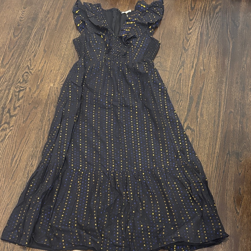 Roller Rabbit Women’s Black Maxi Dress With Gold and Blue Polka Dots Size Medium